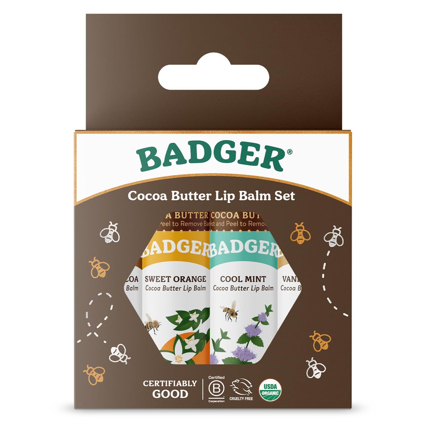 Badger - Cocoa Butter Lip Balm Set, Fair Trade, Certified Organic Lip Butter, Flavored, Cocoa, Vanilla, Orange, Mint, 0.25 oz (4 Pack)