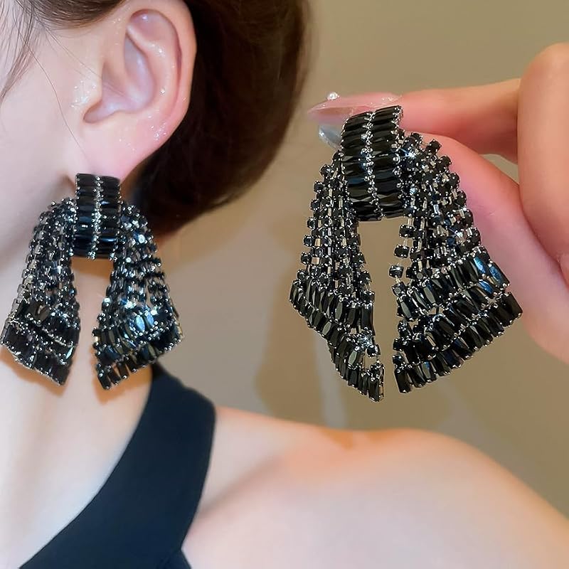 Silver Rhinestone Bow Chandelier Earrings for Women
