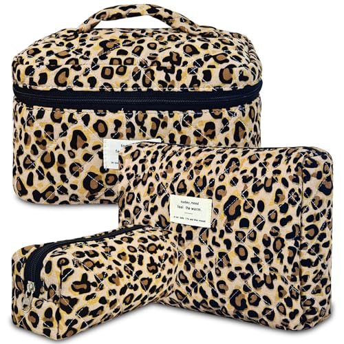 3Pcs Makeup Bag Cotton Quilted Travel Cosmetic Bag Cute Floral Makeup Pouch Large Toiletry Bag for Women Girls