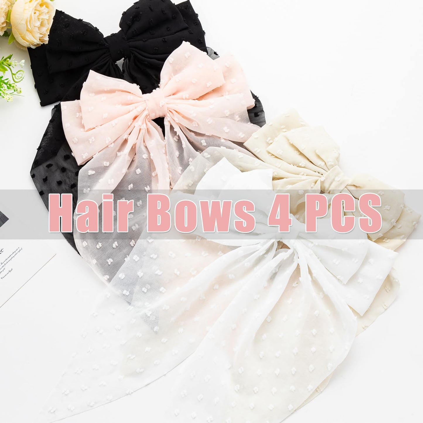 Seneeel Large Hair Bows 4 PCS - Cute Oversized Ribbon Bows for Women in Beige, Light Pink, White, Black - Hair Barrettes for Different Occasions