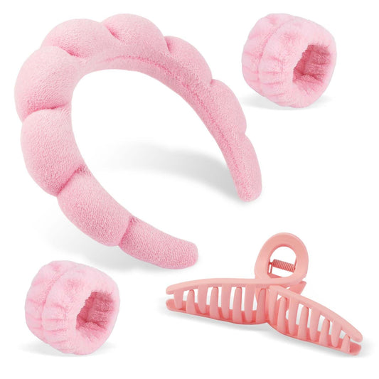 SuPoo Face Wash Headband and Wristband Set - Pink Terry Cloth Spa Hairband with Puffy Sponge, Makeup Headband, and Hair Band with Claw Clips