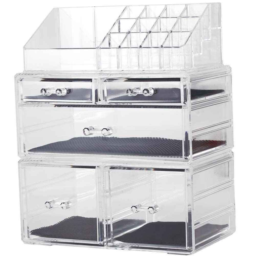 Sooyee Makeup Organizer,Acrylic Cosmetic Organizer Storage Drawers Jewelry and Cosmetic Display Cases Box(5 Drawers 7 Tiers) 3 Pieces Stackable,Clear