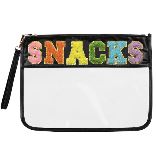 Siwara Snack Pouch Travel Makeup Bag Chenille Letter Clear Snack Bag for Travel Nylon Clear Cosmetic Bag Large Snacks Bags Makeup Travel Bags for Women (Black-Snacks)