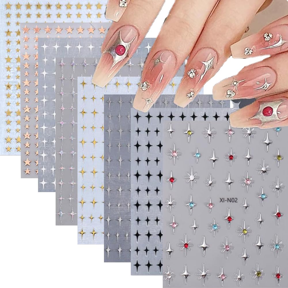 8 Sheets Star Nail Art Stickers Gold Sliver Star Nail Art Stickers Shiny GoldStar Nail Design Nail Art Supplies Gold Silver White Black Stars Nail Accessories for Women Girls Manicure Decorations