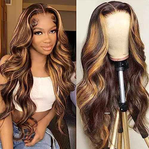 4/27 Highlight Body Wave Lace Front Wigs Human Hair Pre Plucked 13x4 HD Lace Frontal Wig with Baby Hair 180% Density Ombre Brown and Honey Blonde Human Hair Wigs for Black Women 24 Inch