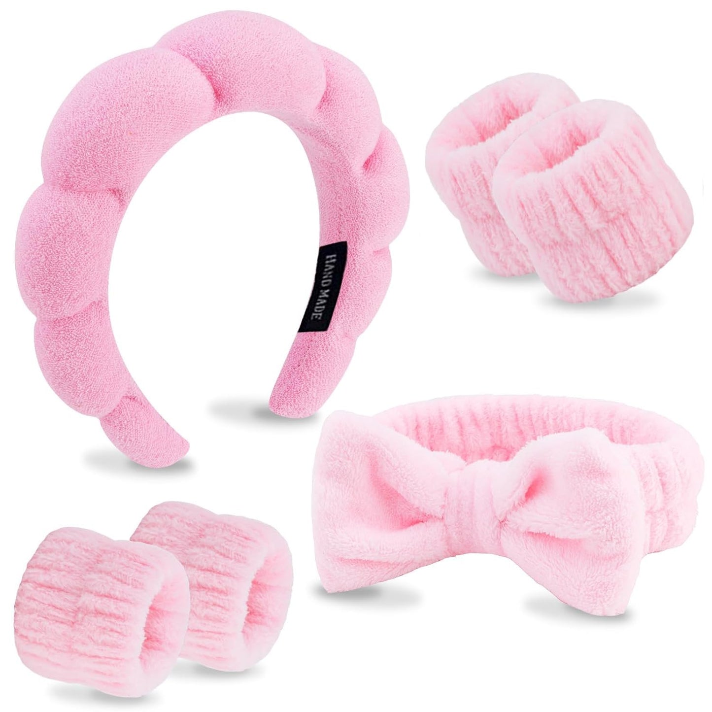 BULINGNA 6Pcs Spa Headband Wristband Set for Washing Face, Skincare Headband Bowknot Hairbands and Scrunchies Cuffs for Spa Yoga Sports Shower, Hair Accessories for Women Gift (Pink)