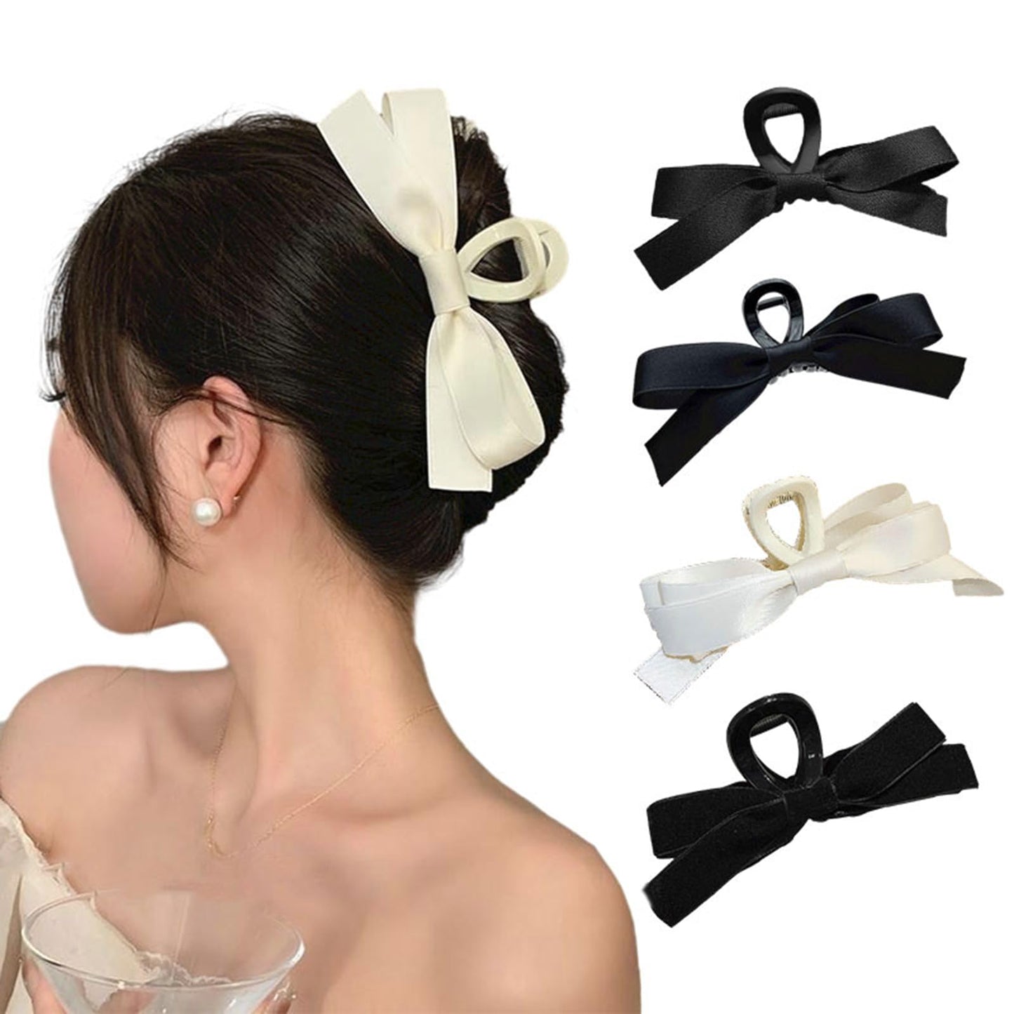 papasgix Large Bow Hair Claw Clips - Non Slip Jaw Clips for Women and Girls, Hair Accessories (4, White+Black+Black+Black)