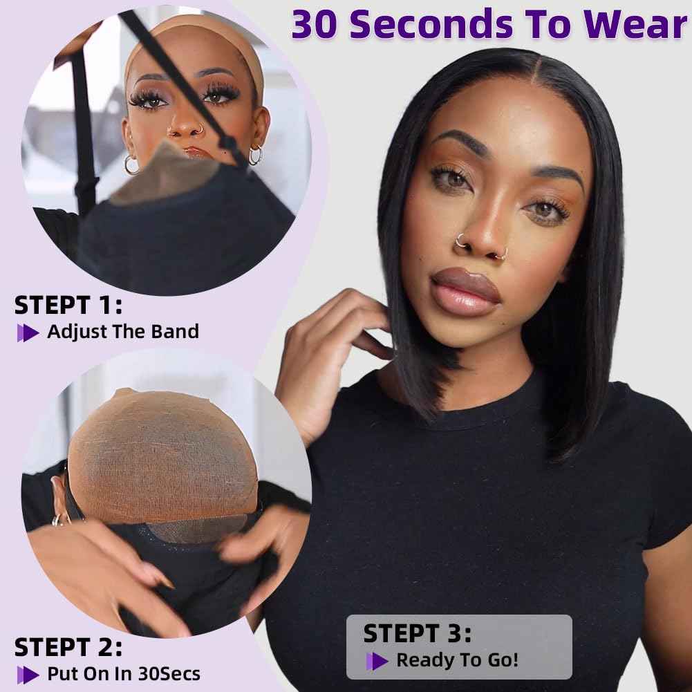 omswet Wear and Go Bob Wig Human Hair 200 Density 5x5 HD Lace Closure Pre Plucked Pre Bleached Pre Cut Glueless Wig Bob Wigs for Black Women Human Hair Glueless Short Wigs Natural Black 10 Inch