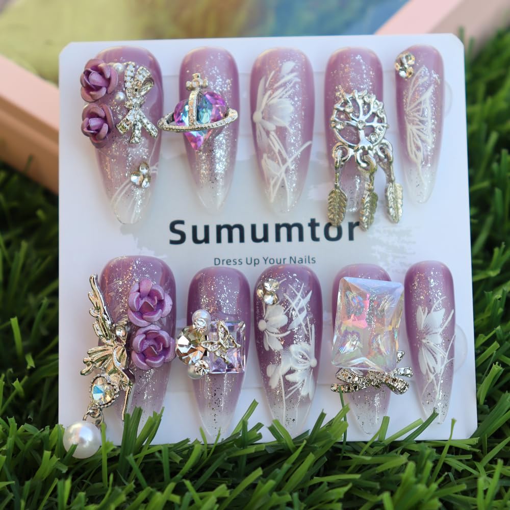 Sumumtor 3D Extra Long Purple Diamond Tips Acrylic Press On Nails,Handmade Salon False Nails with Design Nail Art Gifts for Women and Girls,Reusable Stick On Nails 10Pcs,Size M