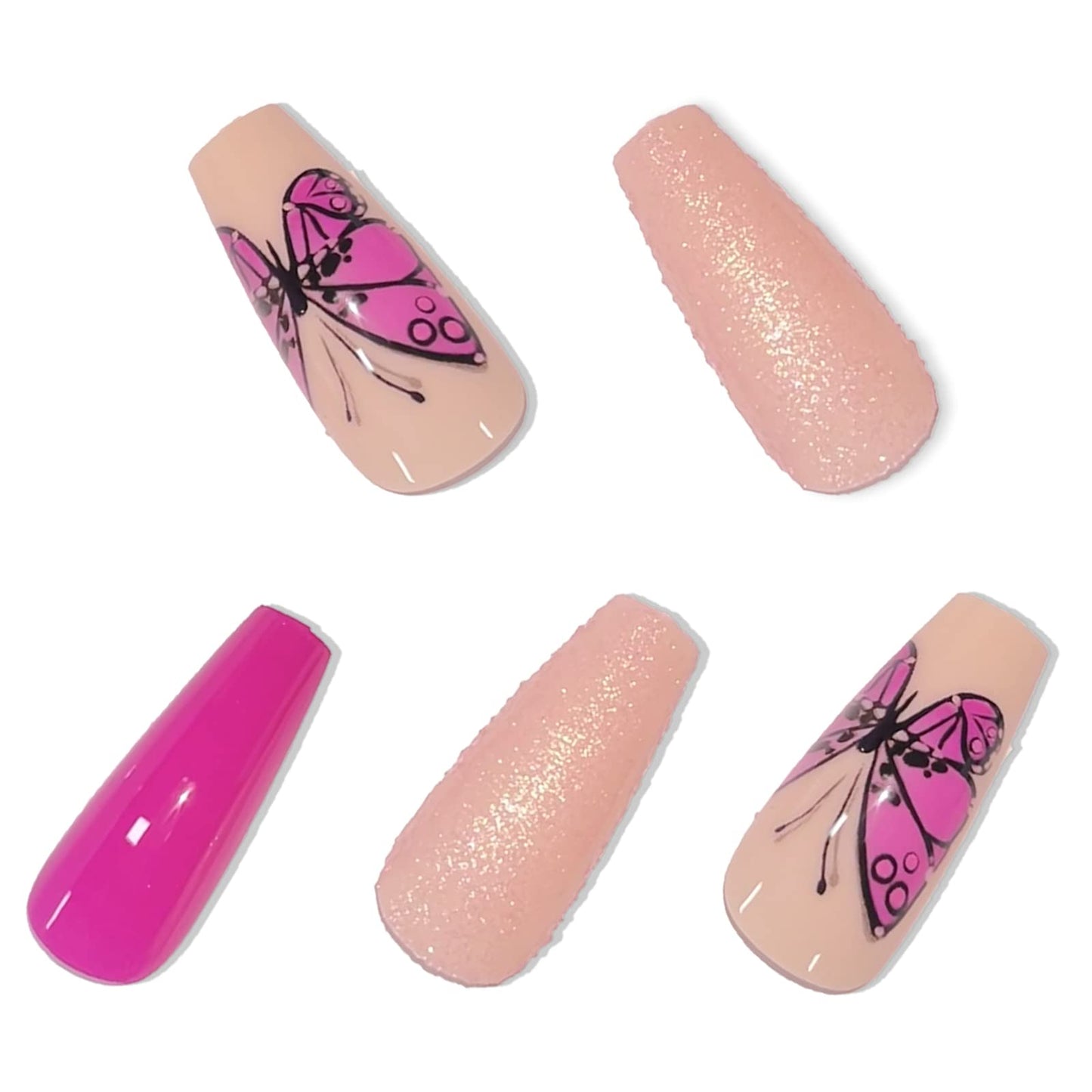 BABALAL Coffin Press on Nails Long Fake Nails Purple Glue on Nails Butterfly Gliter Acrylic Nails Shiny Ballerina Stick on Nails