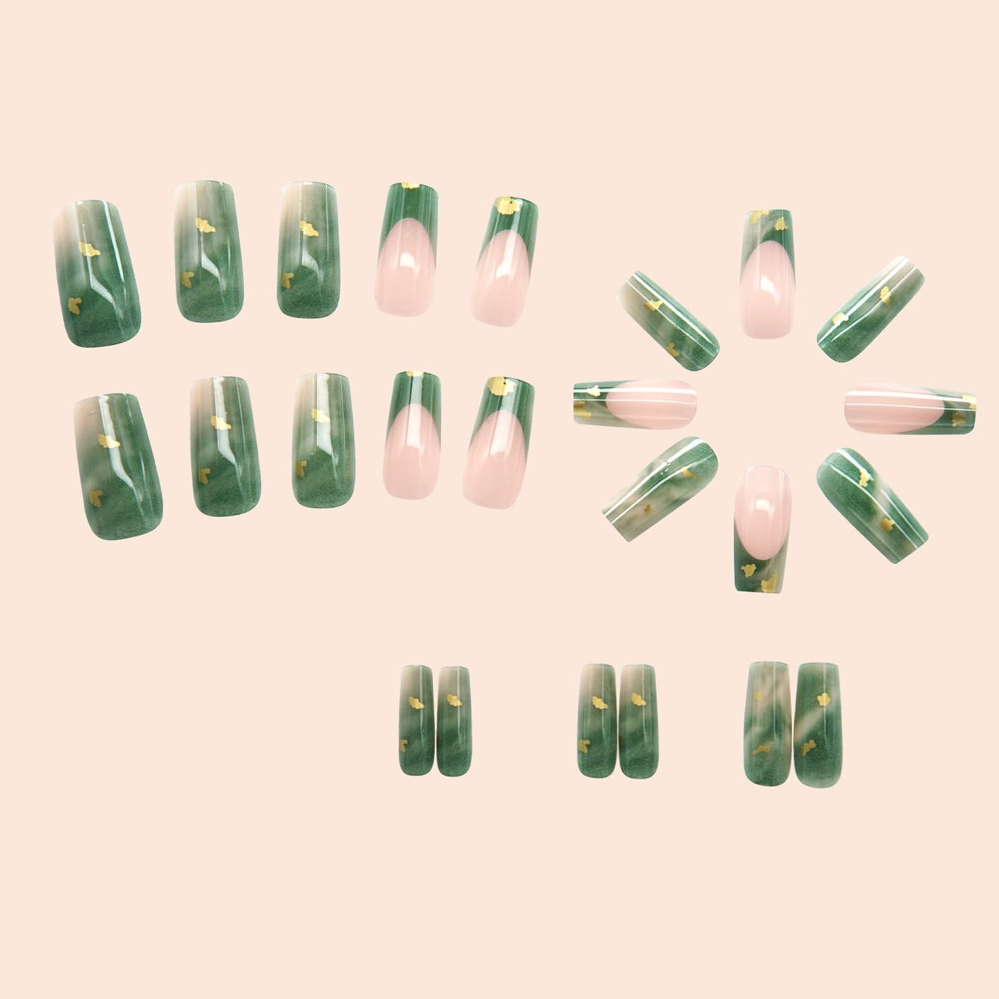 Nails Press Ons Medium Square Press on Nails Green Fake Nails with Gold Leaf Design Stick on Nails Full Cover Glossy Acrylic Nails French Tip Glue on Nails for Women Manicure 24Pcs