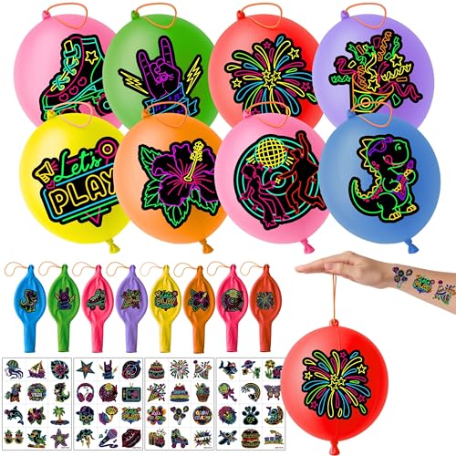 72 PCS Neon Party Favors ? 48 Pre-Cut Temporary Tattoos & 24 Neon Punch Balloons Themed Birthday Party Decorations Supplies Favors Gifts, Goodie Bag Fillers, Classroom Rewards