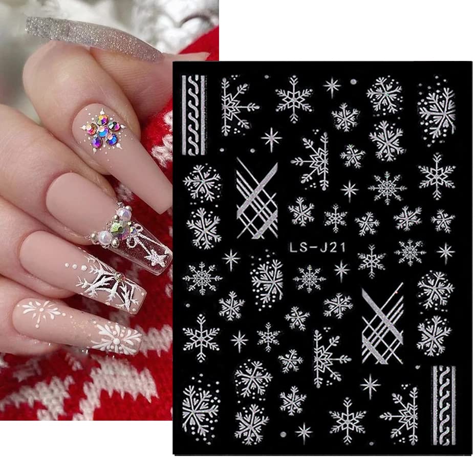 Christmas Nail Art Stickers 3D Snowflake Nail Decals Self-Adhesive Nail Art Supplies White Snowflake Nail Charms Winter Snow Deer Design Nail Stickers Xmas Party Nail Decorations for Women 6 Sheets