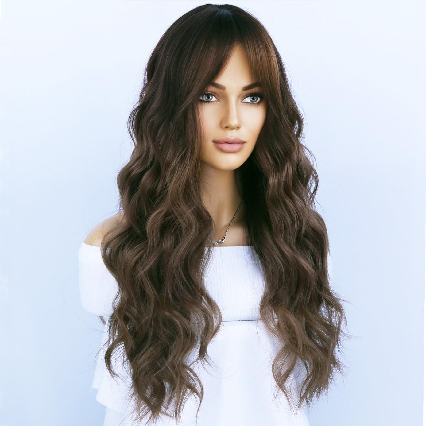 BERON Brown Ombre Long Wigs Curly Wavy Women Wigs with Bangs Dark Roots Color Heat Resistant Synthetic Wigs for Cosplay or Daily Wigs Wig Cap Included