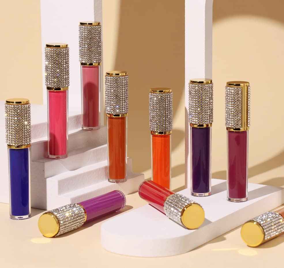 AMORIX 24 Pack Gold Crystal Lip Gloss Tubes with Wand 5ml Empty Lip Gloss Containers Lipgloss Bottles with Stoppers 2pcs Syringes + Labels for DIY Lip Gloss Balm