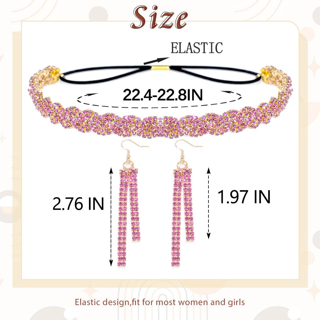 Fstrend Braided Rhinestones Elastic Headband Tassel Earrings Set Gold Crystal Hairbands Eardrop Sparkle Head Chain for Women(Pink)