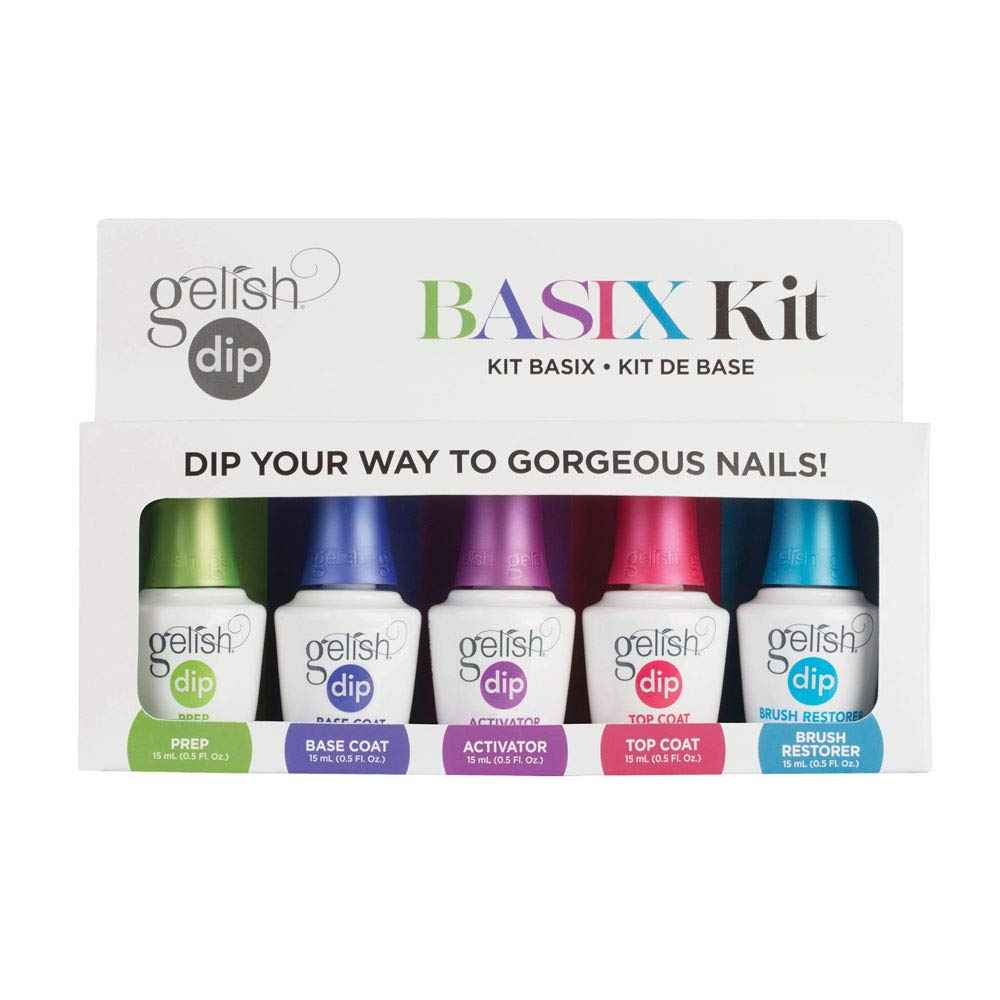 Gelish Dip Basix Kit – Prep, Base Coat, Activator, Top Coat & Brush Restorer – Easy, Odor-Free, No UV or LED Lamp Required for Long-Lasting, Salon-Quality Dip Powder Nails at Home.