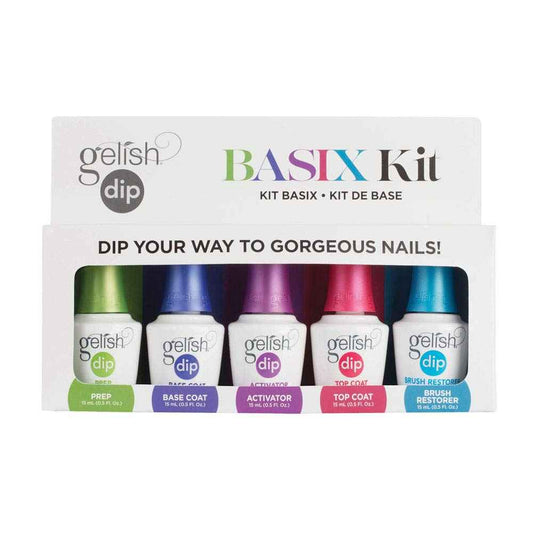 Gelish Dip Basix Kit – Prep, Base Coat, Activator, Top Coat & Brush Restorer – Easy, Odor-Free, No UV or LED Lamp Required for Long-Lasting, Salon-Quality Dip Powder Nails at Home.