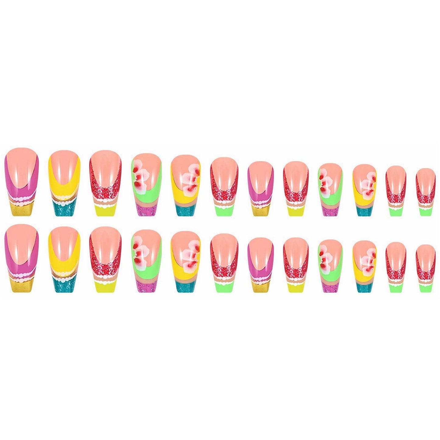 MERVF Press on Nails Long Coffin Fake Nails French Tip Glue on Nails Press ons Colorful Glitter Ballerina Acrylic False Nails with Flower Design Glossy 24pcs