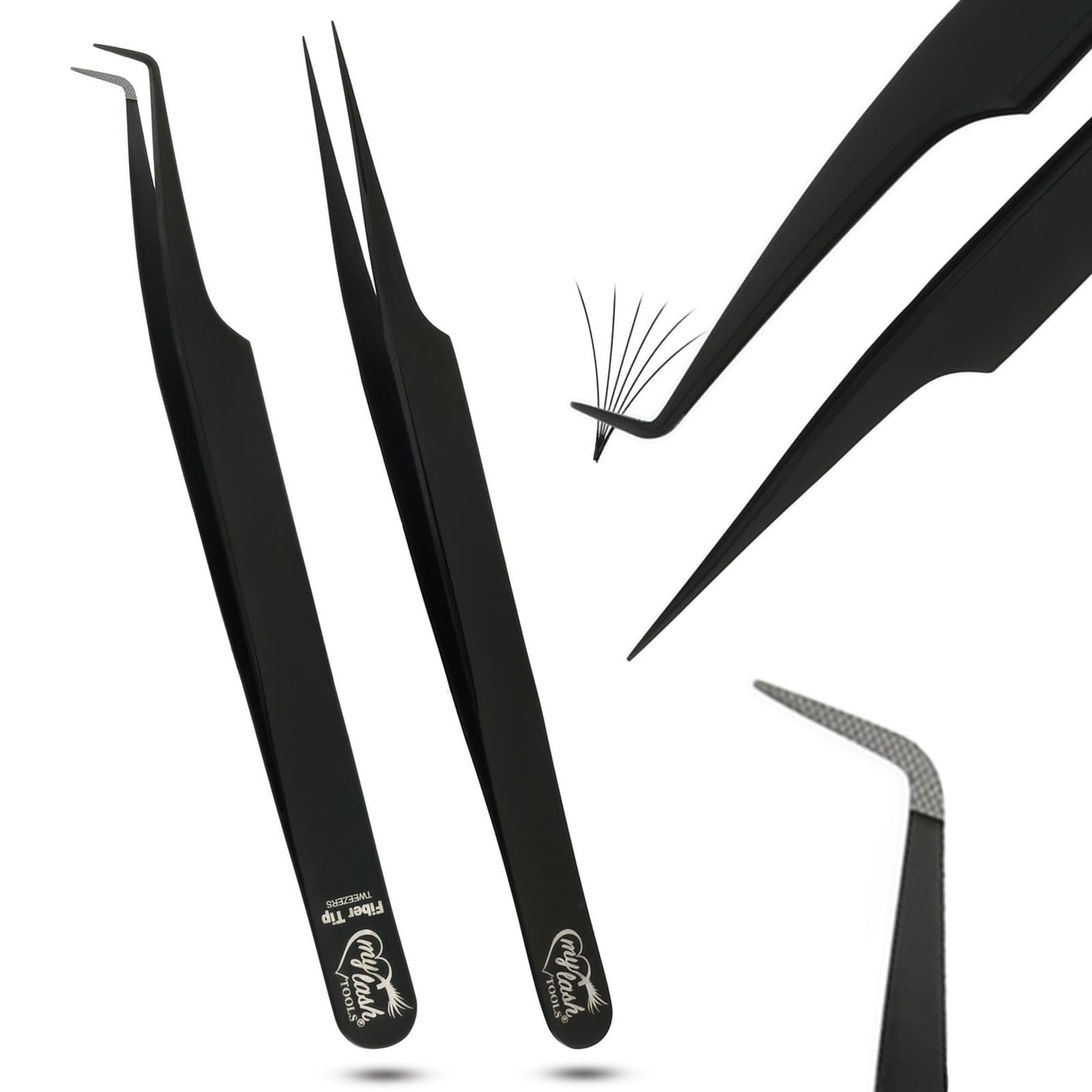 My Lash Tools 2Pcs Fiber Tip Lash Tweezers for Eyelash Extensions and Straight Isolation Tweezer Set – Professional Precision Fan Making, Mega Volume Boot Lashing, Classic & Mink Eyelashes, Black