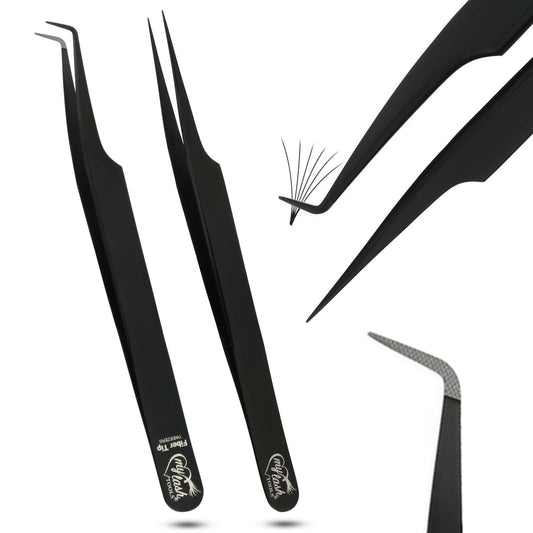 My Lash Tools 2Pcs Fiber Tip Lash Tweezers for Eyelash Extensions and Straight Isolation Tweezer Set – Professional Precision Fan Making, Mega Volume Boot Lashing, Classic & Mink Eyelashes, Black