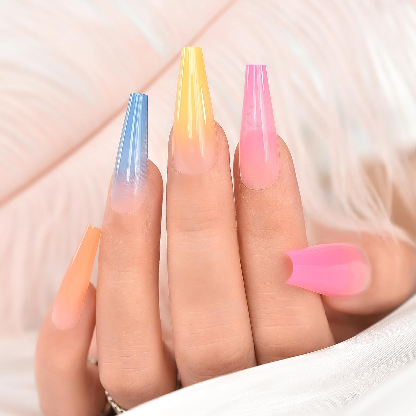 Extra Long Coffin Press on Nails Multi Color Rainbow Colorful Nail Art Tips Fake Nails Reusable Fingernails False Nails Glossy Salon Manicure Gifts for Women Girls