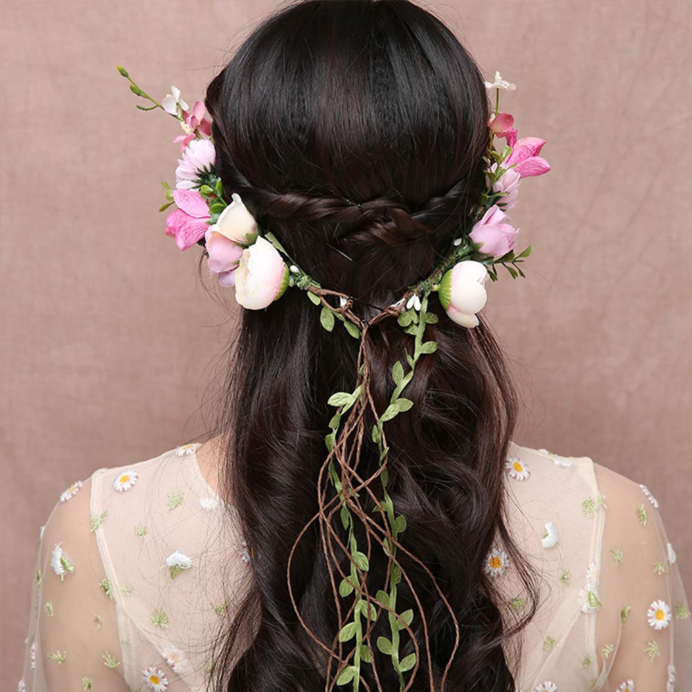 Rose Flower Headband Floral Leaf Crown Hair Bands Leaves Berry Vine Wreath Women Wedding Bridal Hair Hoop Boho Hairband Headpiece Party Decoration Cosplay Costume Cute Handmade Hair Accessories Pink