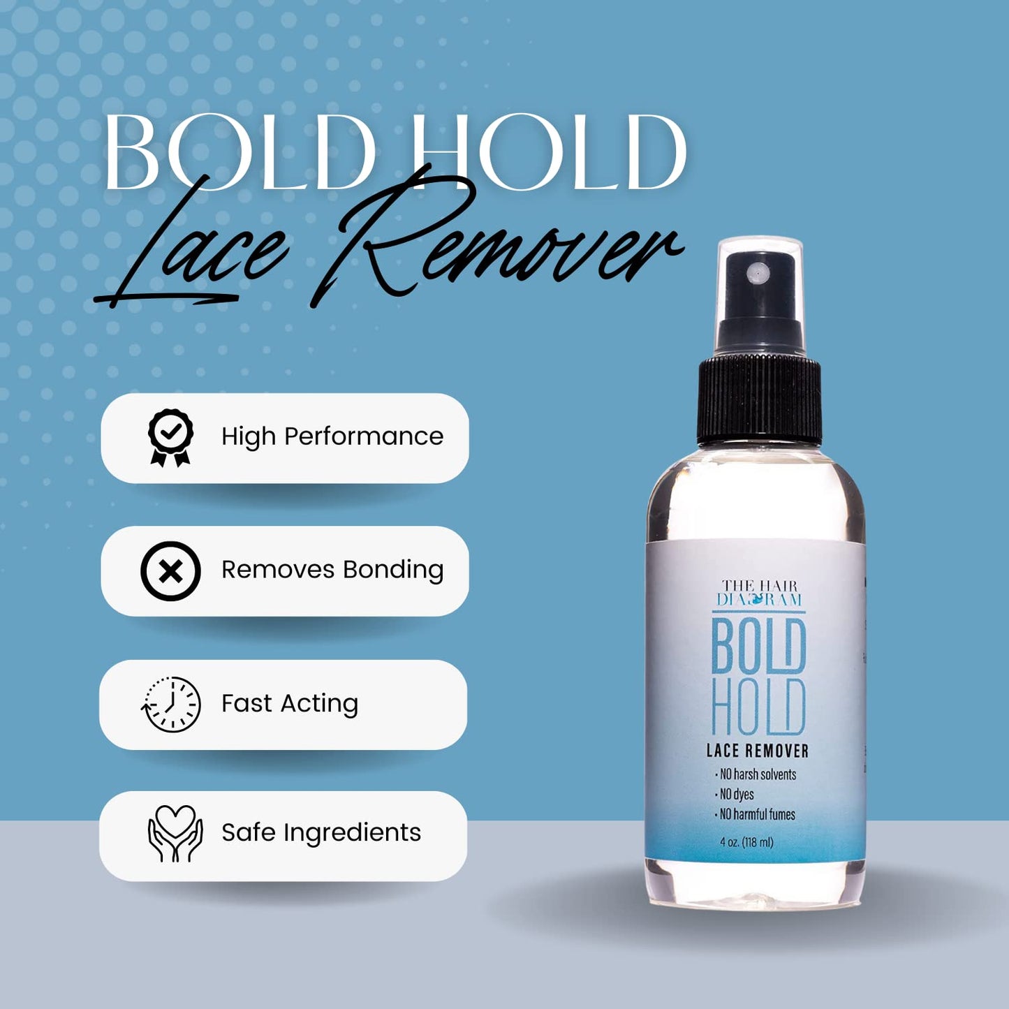 The Hair Diagram - Bold Hold Lace Remover - Bond Release Spray - Residue Removal Solution For Wigs, Extensions, & Hair Systems - Tape & Lace Glue Remover - NO Harsh Solvents, Dyes, Harmful Fumes - 4oz