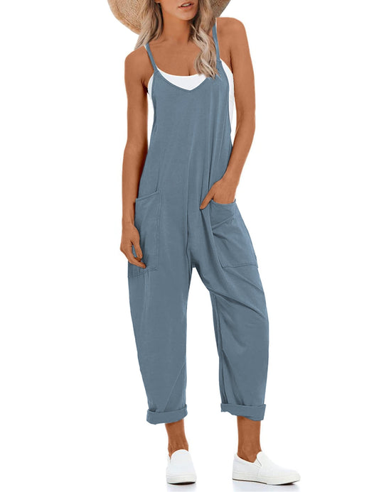 Lentta Women's Causal Jumpsuits V Neck Sleeveless Harem Overalls Stretchy Adjustable Strap Romper with Pockets(BlueGrey-S)