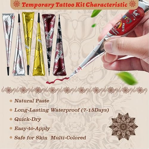 Temporary Tattoo Kit - 6 Pcs Tattoo Cones 3 Colors DIY Safe Ink (Brown, Black, Cherry Red) | Includes Reusable Stencils, Brush & Gloves | Body Art for Kids & Adults