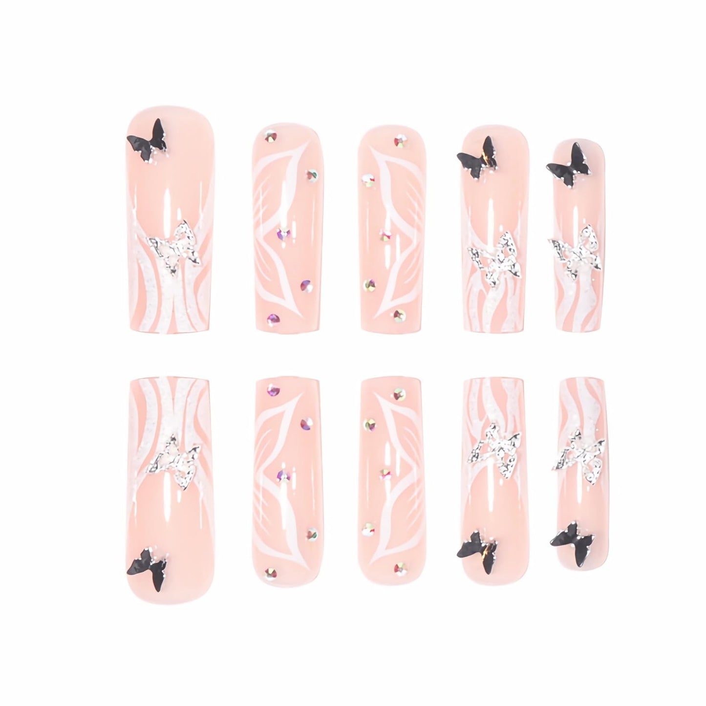 BABALAL Square Press on Nails Long Fake Nails White French Tip Glue on Nails Swirl Glitter 3d Butterfly Charm Shiny Acrylic Nails 24Pcs Squoval Stick on False Nails