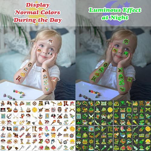 96 PCS Pirate Ship Nautical Pre-Cut Luminous Glow in the dark Temporary Tattoos for Kids | Super Cute Theme Birthday Party Favors Supplies Decorations, Treasure Fake Tattoos Gifts for Boys Girls