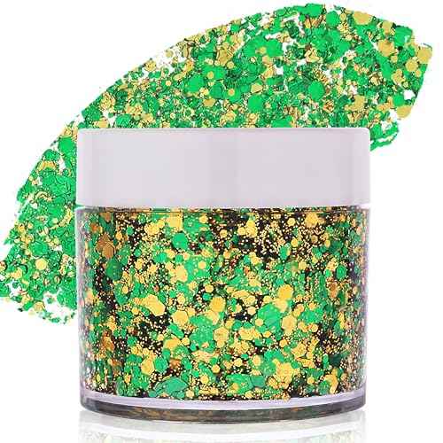 Green Face Glitter Gel,Elphaba Costume Accessories,Gold Hair Glitter Green St Patrick's Day Outfit for Women,Mardi Gras Carnival Face Paint Body Glitter Sparkling Festival Chunky Makeup
