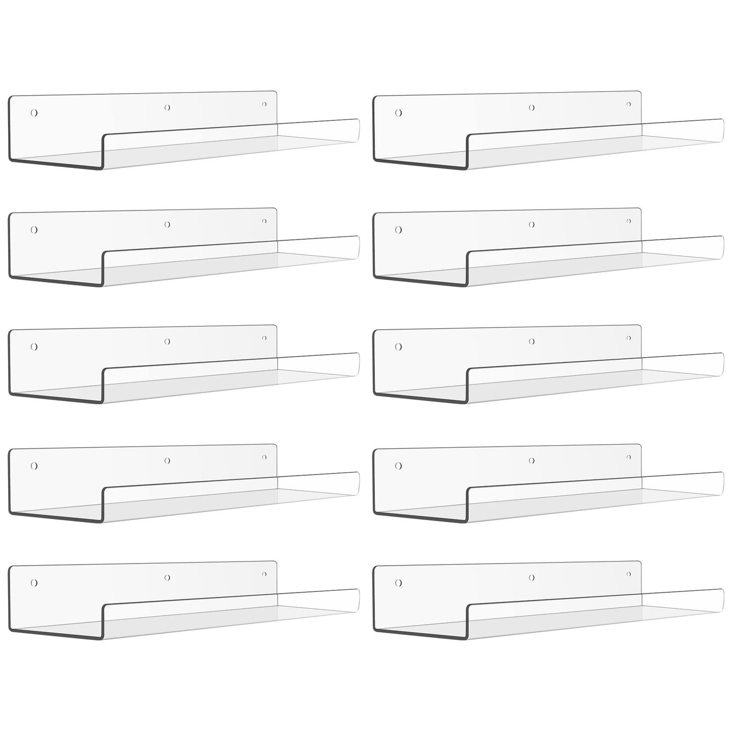 upsimples 10 Pack Acrylic Shelves for Wall Storage, 15" Floating Bookshelves for Kids, Display Shelf Organizer for Bathroom, Bedroom, Living Room, Kitchen, Room Decor, Clear