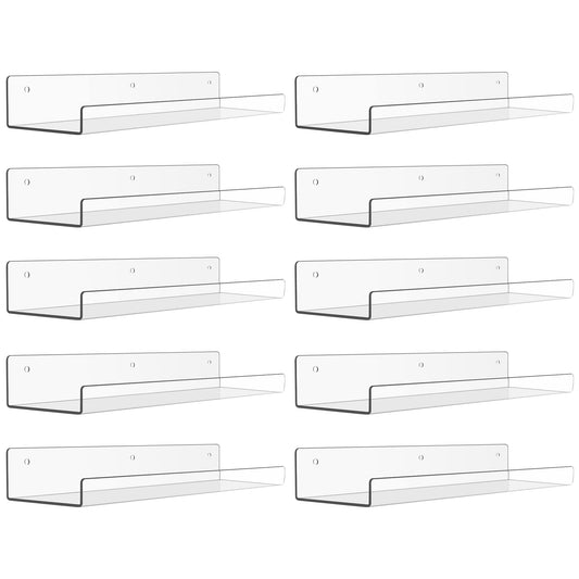 upsimples 10 Pack Acrylic Shelves for Wall Storage, 15" Floating Bookshelves for Kids, Display Shelf Organizer for Bathroom, Bedroom, Living Room, Kitchen, Room Decor, Clear