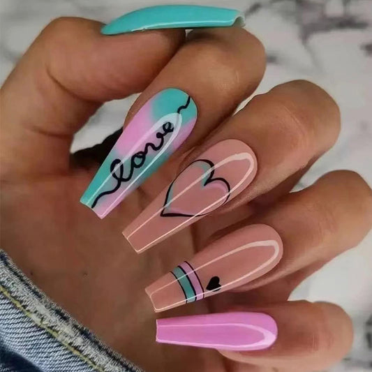 24Pcs Press on Nails Long Glossy Coffin Fake Nails, Pink Blue Square Full Cover False Nails Design with Heart, Romantic Ballerina Colored Acrylic Press on Nails for Women&Girls Nail Art Decorations