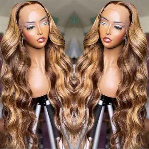 250% Density Highlight Ombre Lace Frontal Wig 13x6 Human Hair Honey Blonde HD Lace Front Wig Pre Plucked with Baby Hair brown 4/27 Colored body Lace Front wig Glueless for Women Natural Hairline