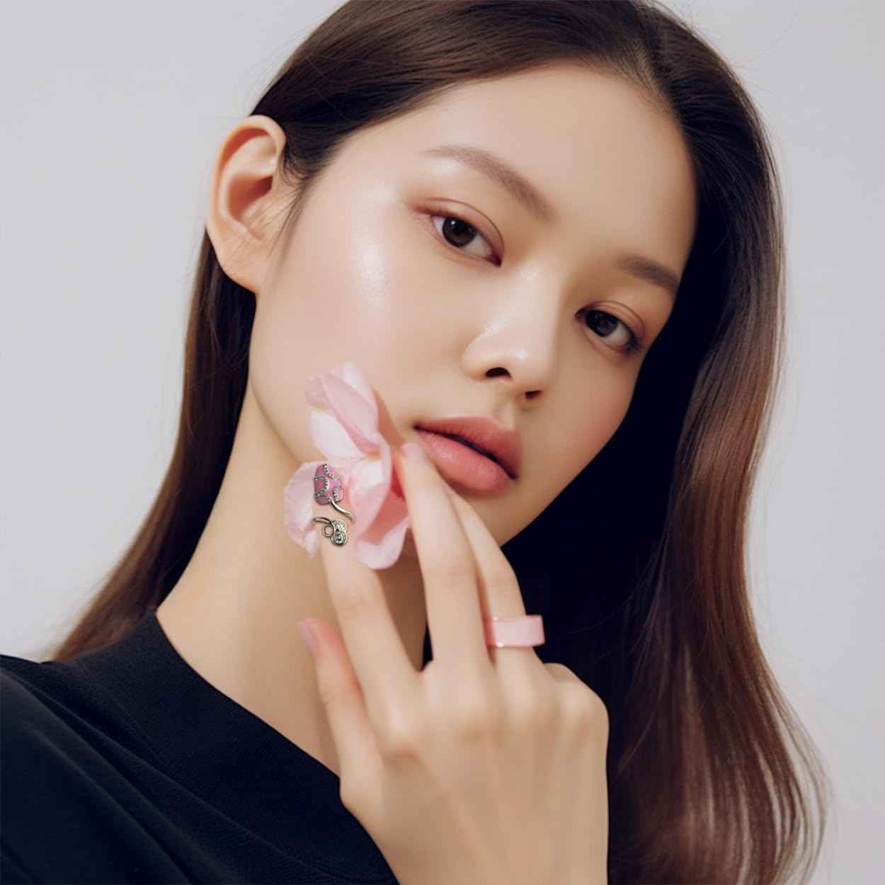 Jean Beau Pink Finger Nail Ring for Women Teen Art Round Rhinestones CZ Finger Cap Cover Tip Rings Gold Metal Nail Decoration Nail Protect Fashion Jewelry Gift