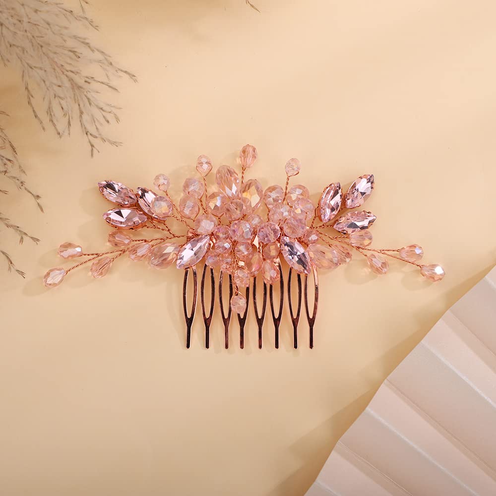 Teyglen Dainty Simple Full Rhinestones Hair Comb Pink Rose Gold Bride Wedding Hair Comb Luxurious Shiny Crystal Bridal Side Hair Pieces Hair Accessories for Women Girls (Pink)