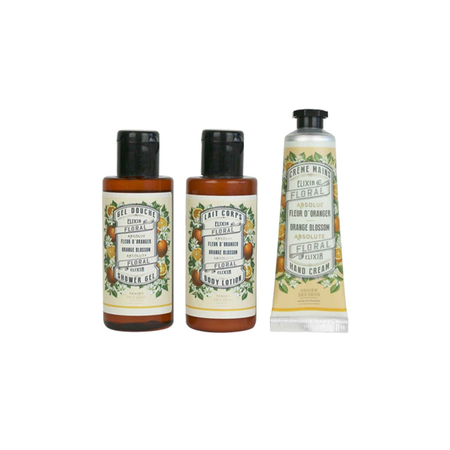 Panier des Sens - Travel Pouch Orange Blossom Gift Set - Shower Gel 3.3 fl oz + Body Lotion 3.3 fl oz + Hand Cream 1 fl oz - 97% Natural Ingredients - Made in France, Vegan Friendly Body Care