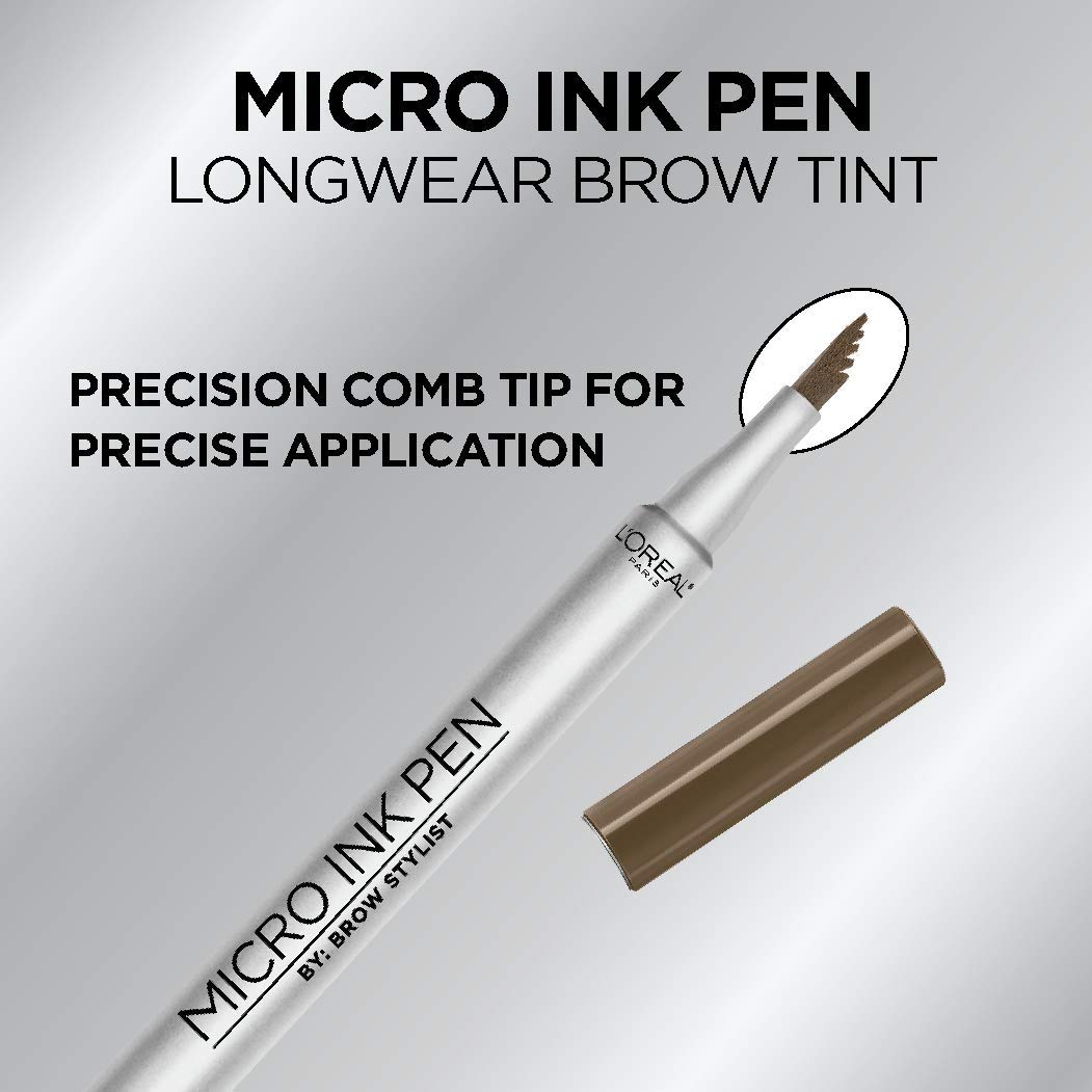 L'Oreal Paris Micro Ink Pen by Brow Stylist, Longwear Brow Tint, Hair-Like Effect, Up to 48HR Wear, Precision Comb Tip, Brunette, 0.033 fl; oz.