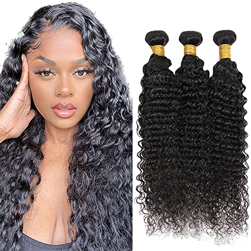 GtaiiReu Deep Wave Human Hair Bundles 16-20 Inch Virgin Brazilian Extensions