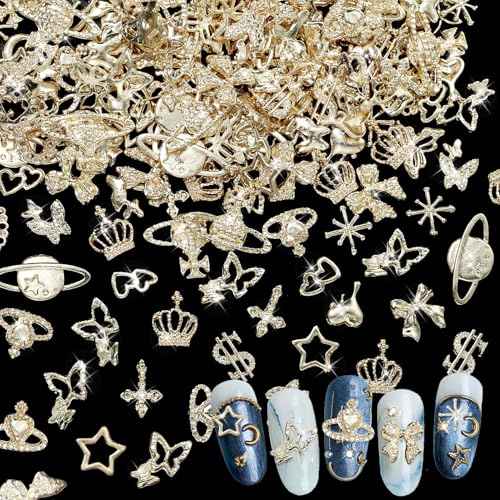 180 Pcs Gold Nail Charms and Gems, Bow Star Butterfly Cross Alloy Nail Jewelry, 18 Styles Metal Planet Heart Y2K Gold Nail Charms for Nails Art Design