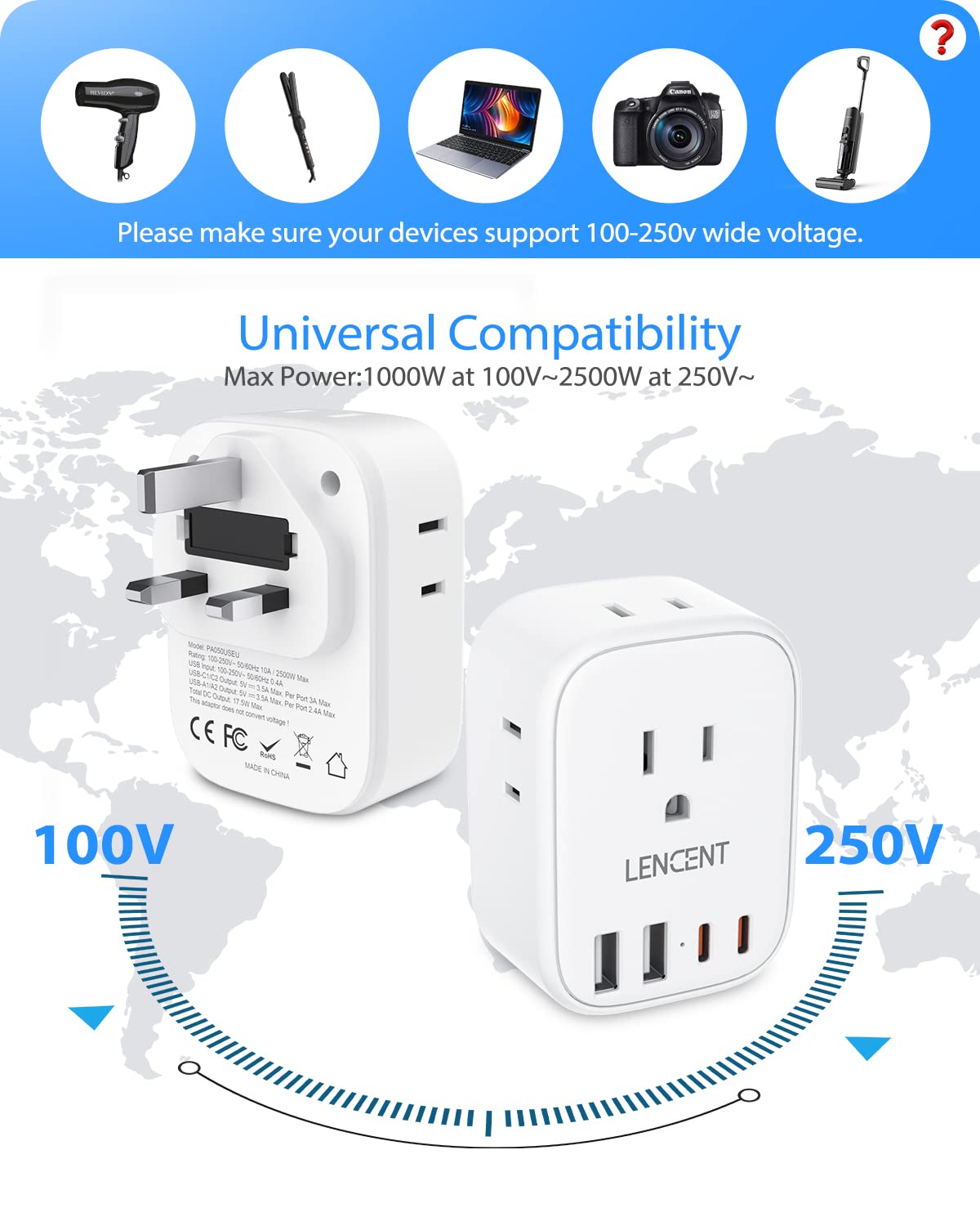 LENCENT US to UK Ireland Travel Plug Adapter, Grounded Type G Outlet Adaptor with 4 USB Charger(2 USB C), 4 Outlets Converter for USA to Dubai Scotland British London England Hong Kong Irish Qatar