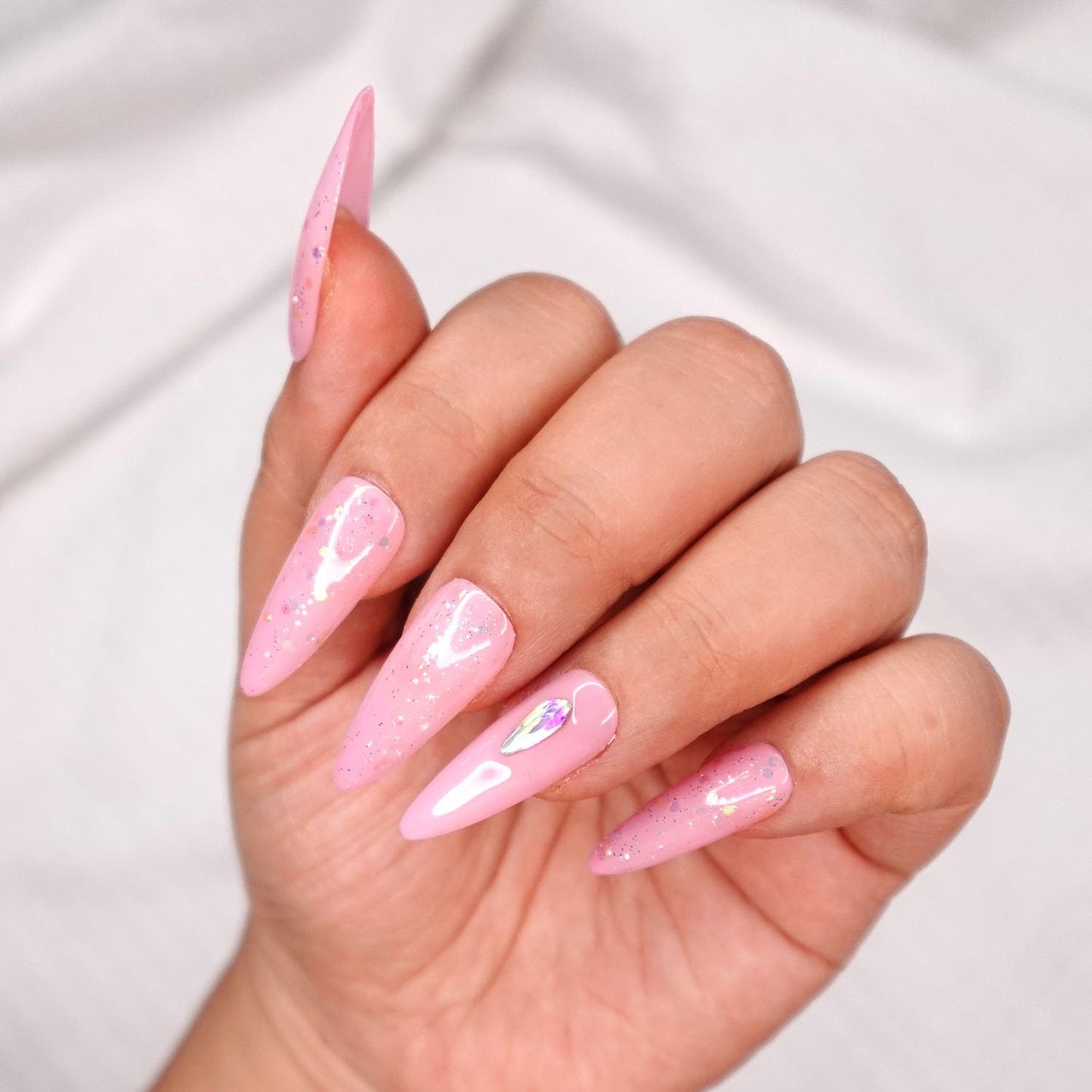 10 Pcs Handmade Press on Nails (X-Small, Girly Pink Bling - Light Pink with Multi Color Hue Chunky Glitter Mix and Holo Teardrop Rhinestone Bling Out/Stiletto) A114XS