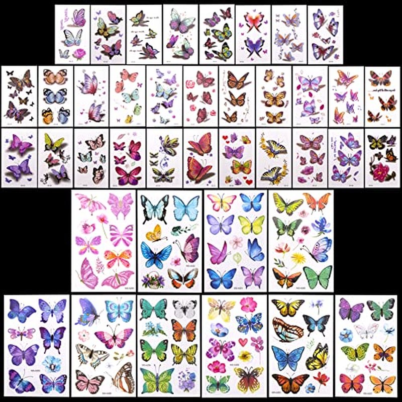 PAGOW 40Sheet(280+pcs) Temporary Butterfly Tattoo for Girl Kid Women Self adhesive Fairy Flower Waterproof Fake Colorful Art Face Arm Body for Birthday Party Valentines Favor Goodie Bag Stuffer Filler