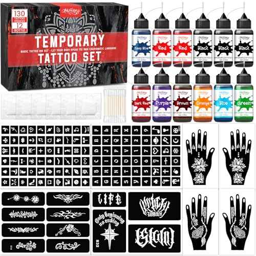 12 Bottles Temporary Tattoo Ink Kit with 130 Tattoo Stencils Designs, 9 Colors (3 Black,2 Red,1 Dark Red,Brown,Blue,Navy Blue,Purple,Green,Orange),Body Art DIY Gifts Set Fun for Kids Adults
