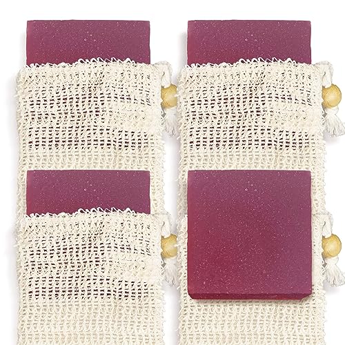 Age of Sage Natural Soap Bar w/Sisal Bag, Vegan Artisan Soap Bar Set for Women, Body Soap in Bar Soap Pouch, Natural Bath Soaps w/Essential Oils, 4 Plain Body Soap Bars, Raspberry