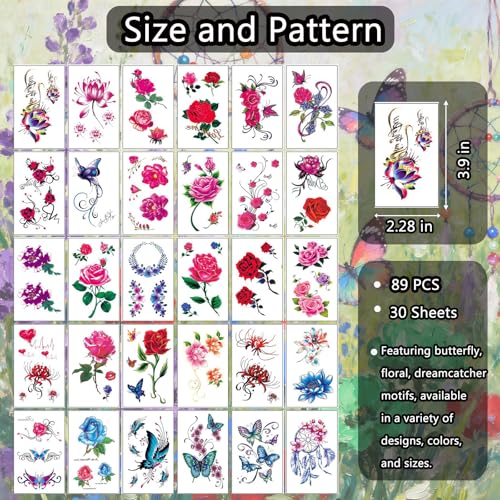 30-Sheet 3D Flower & Butterfly Temporary Tattoos