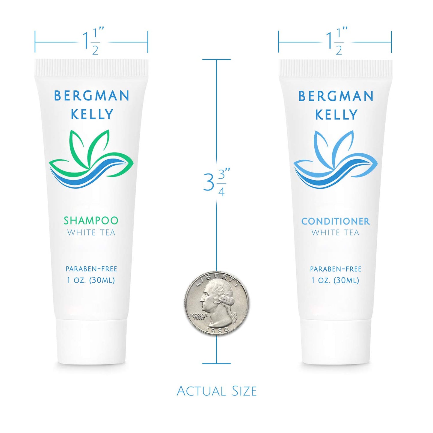 Bergman Kelly - Travel Shampoo and Conditioner Set - 1 fl oz, 100 Pieces, White Tea - Delight Your Guests with Revitalizing and Refreshing Hotel Toiletries and Guest Hospitality in Bulk